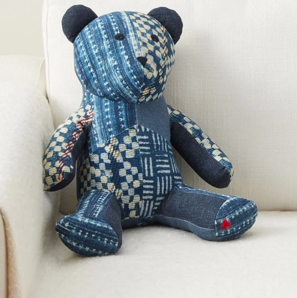 Pottery Barn 💙 NWT Nelson Patchwork Teddy Shaped Pillow Indigo Blue